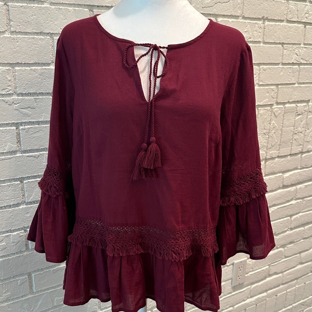 a.n.a Burgundy Blouse with Tassel and Lace Accents